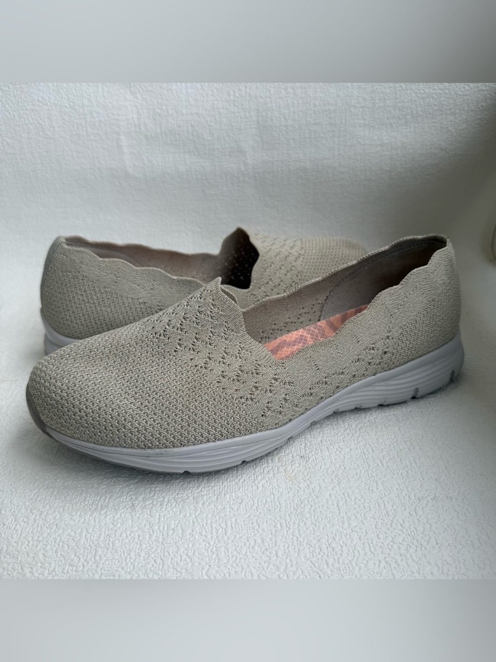 Skechers Seager Stat Women’s Size 9 Wide Taupe Knit Slip-On Flats 49481